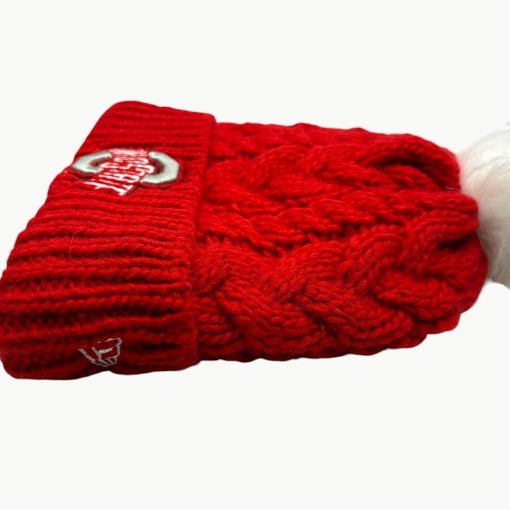New Era Ohio State Buckeyes Pom Cable Knit Beanie Red OS Fleece Lined Hat - Picture 6 of 10